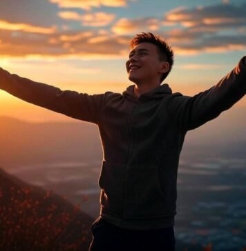 The Secret to Unlocking Your Full Potential Through Personal Grow Person standing on mountaintop at sunrise with arms