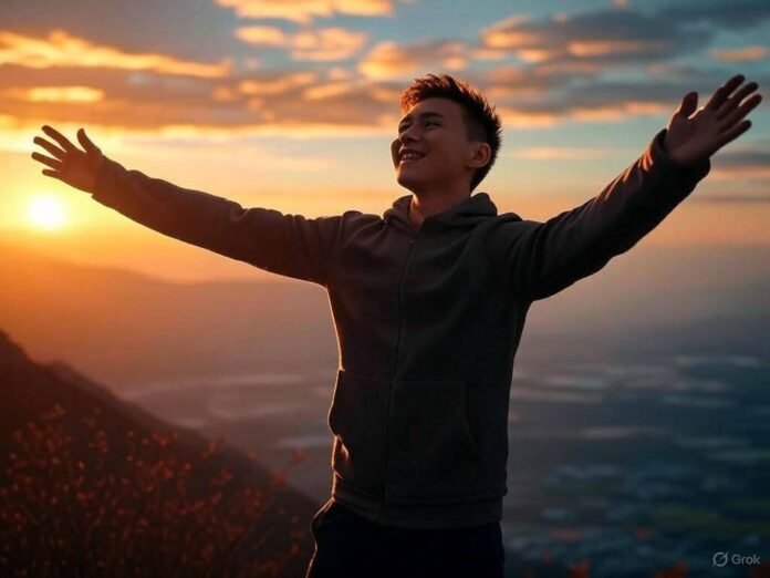 Person standing on mountaintop at sunrise with arms Person standing on mountaintop at sunrise with arms