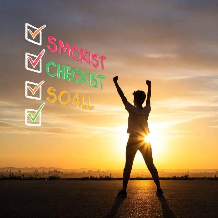 Triumphant figure checks off SMART goal at sunrise.