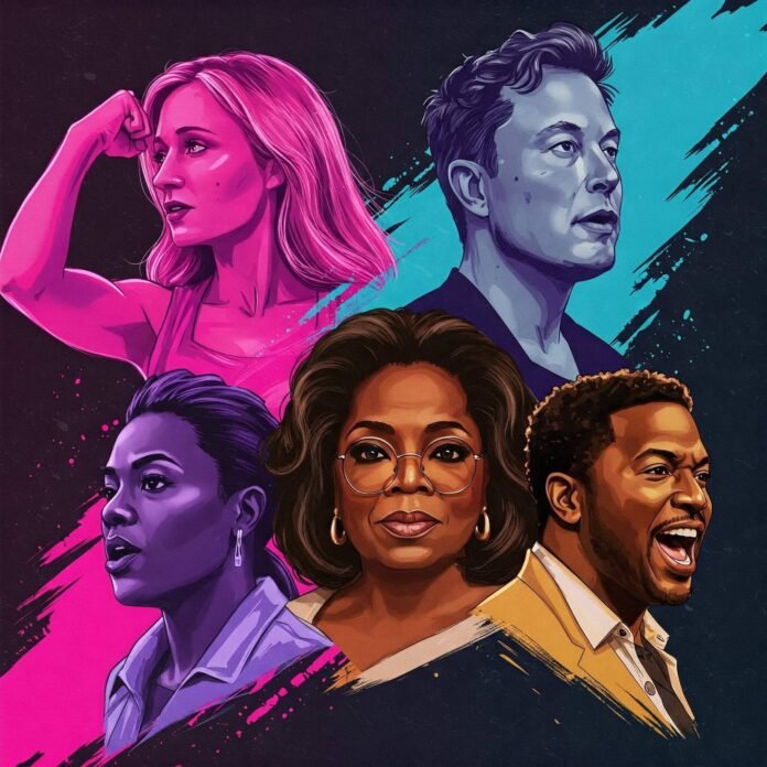 Johnson, Rowling, Musk, Winfrey, Gardner Collage