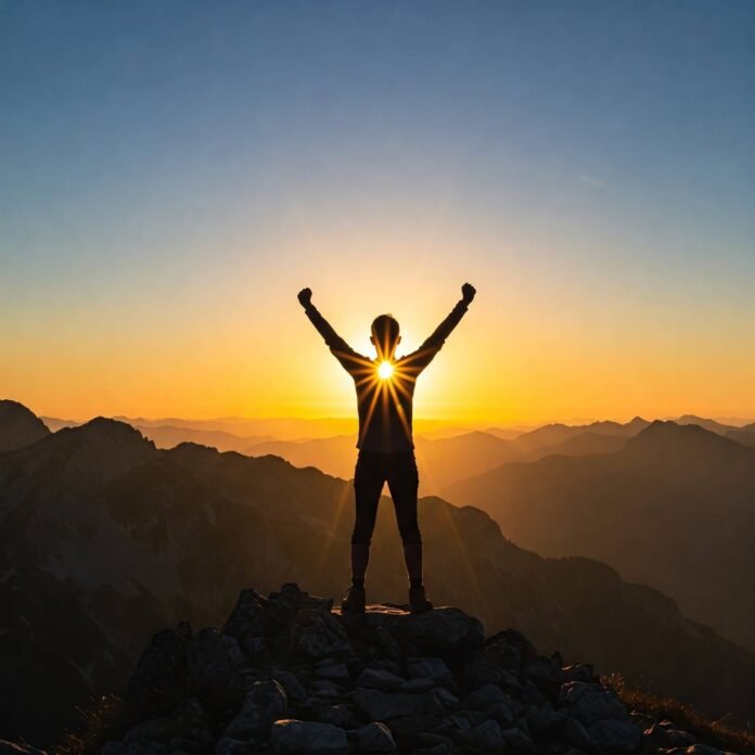 Silhouette of a person on a mountain peak at sunrise arms raised