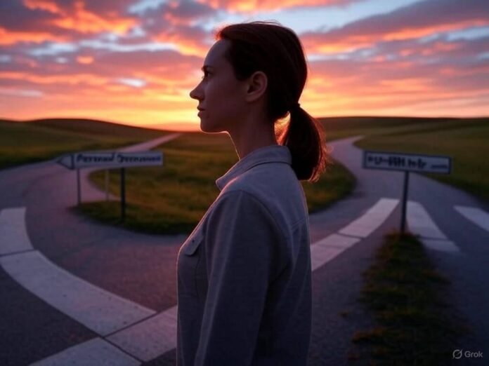 Person at a crossroads with paths labeled