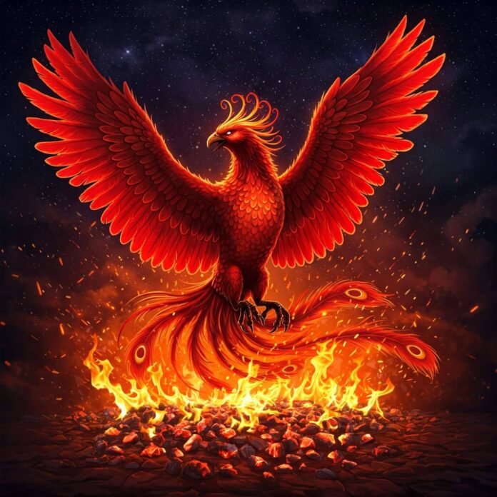 Majestic phoenix rising from ashes.