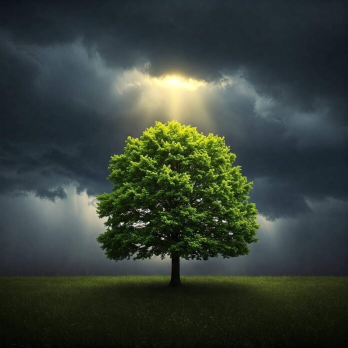 Lone tree in stormy landscape, symbolizing hope and strength