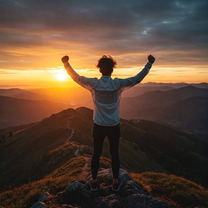 Triumphant figure on mountain peak at sunris