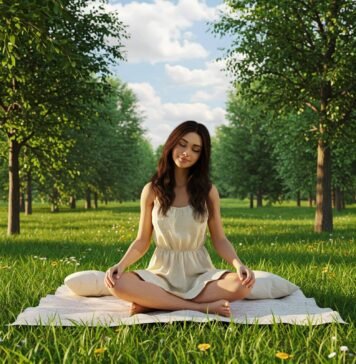 How to Practice Mindfulness in Just 5 Minutes a Day Person meditating peacefully in a lush park with soft sunlight