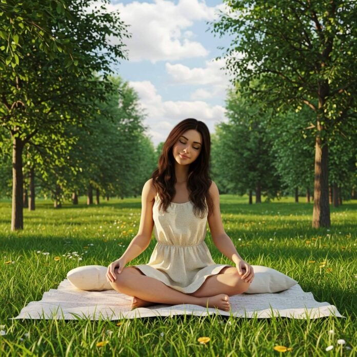 Person meditating peacefully in a lush park with soft sunlight Person meditating peacefully in a lush park with soft sunlight