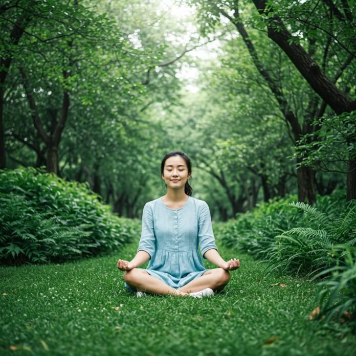 Woman meditating peacefully in park with dappled sunlight