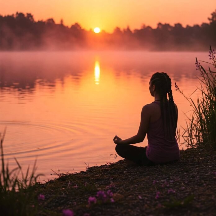 Tranquil sunrise lake meditation.