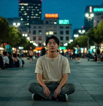 How Mindfulness Can Help You Stay Calm Under Pressure Person meditating cross-legged in city.