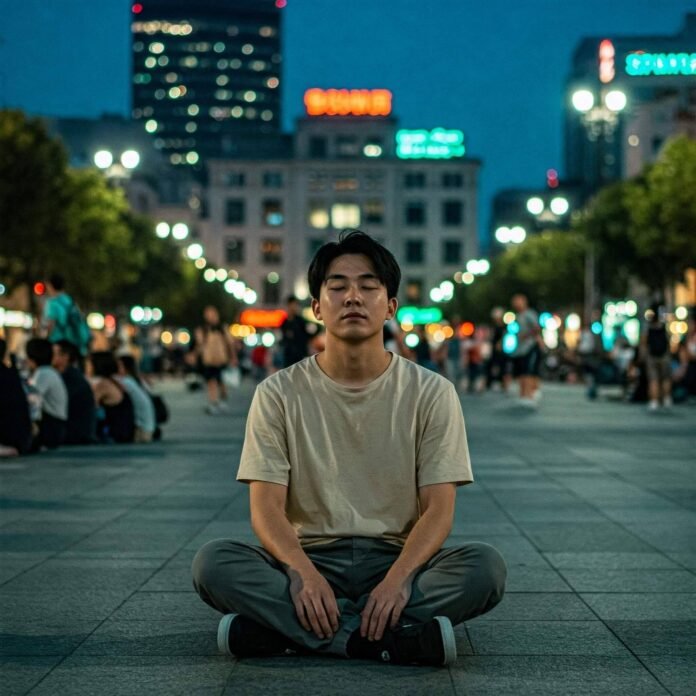 Person meditating cross-legged in city.