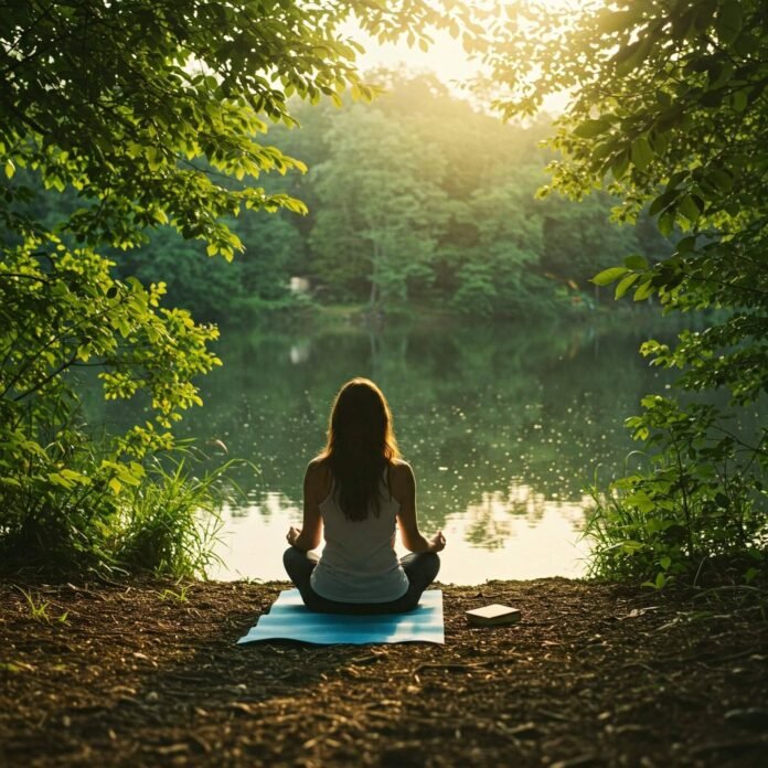 "Person meditating by tranquil lake for stress relief"