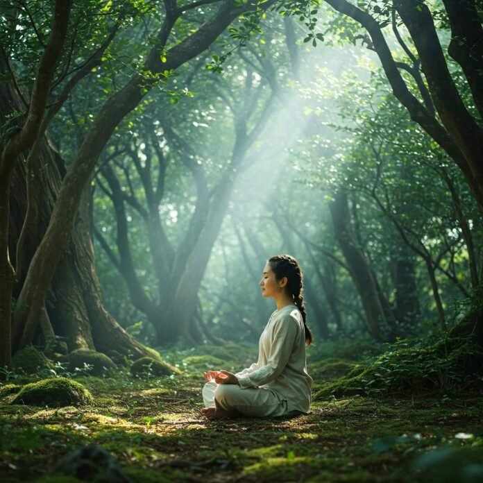 "Person meditating in forest with sunlight"