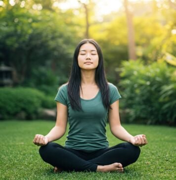 7 Breathing Techniques to Relieve Stress in Minutes Person meditating outdoors in soft sunlight, lush greenery.