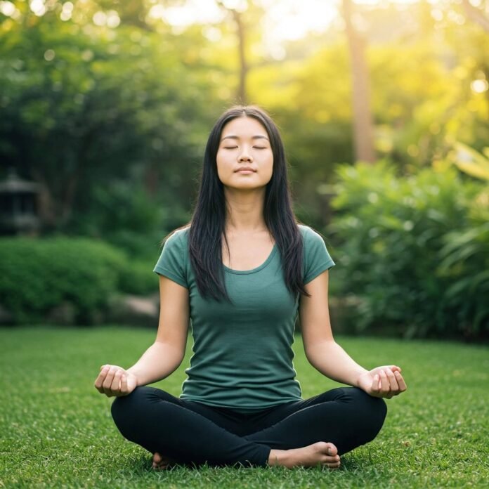 Person meditating outdoors in soft sunlight, lush greenery.