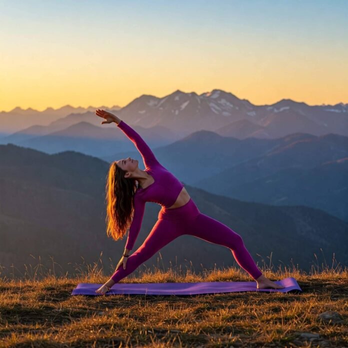 person practices yoga on a hill at sunrise
