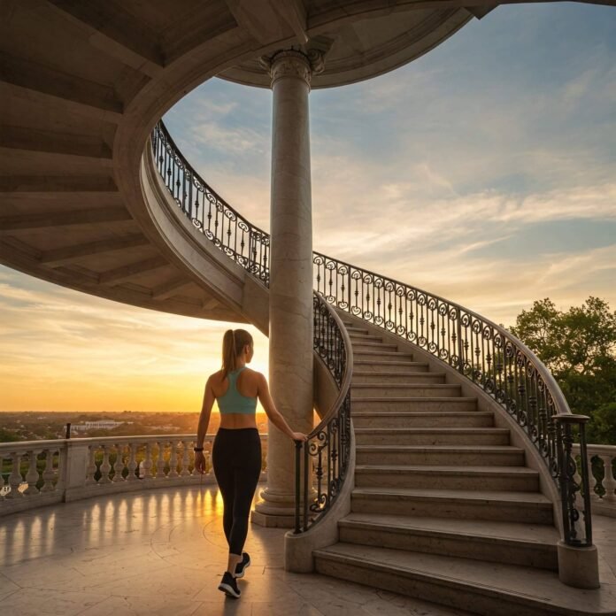 Person Looking Up Stairs Sunrise