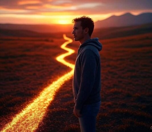 10 Powerful Habits to Accelerate Your Personal Development Journey Person standing at a crossroads with a glowin