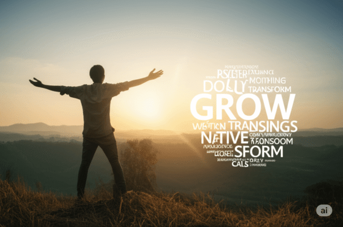 Sunrise hilltop figure with motivational words Sunrise hilltop figure with motivational words