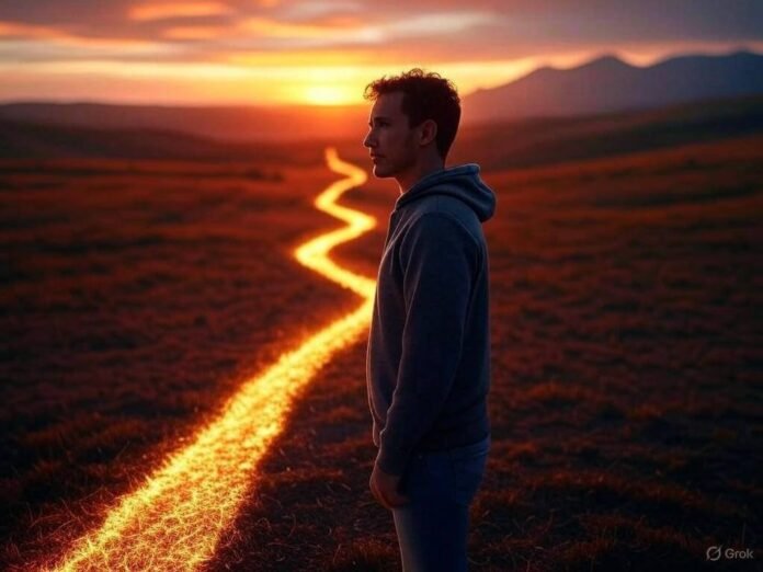 Person standing at a crossroads with a glowin
