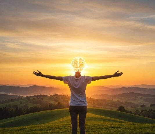 How to Train Your Brain for Daily Positive Thinking Sunrise joy: Glowing mind on green hill.