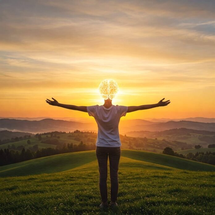 Sunrise joy: Glowing mind on green hill.