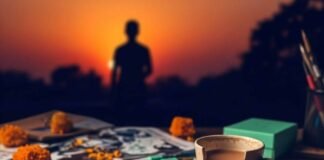 How to Stay Motivated When Life Feels Unfair Motivational desk scene with sunset, chai, and peacock feather.