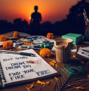 How to Stay Motivated When Life Feels Unfair Motivational desk scene with sunset, chai, and peacock feather.