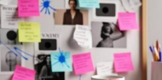 The Link Between Visualization and Goal Achievement Chaotic desk with vision board, coffee mug