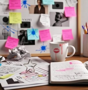 The Link Between Visualization and Goal Achievement Chaotic desk with vision board, coffee mug