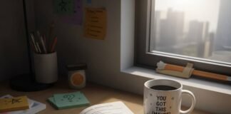 Why Personal Development is the Key to Long-Term Happiness A cluttered desk with a notebook, a "You Got This (Maybe)" mug