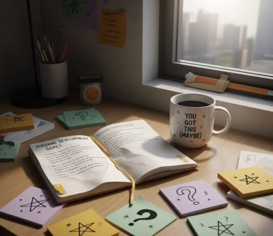 Why Personal Development is the Key to Long-Term Happiness A cluttered desk with a notebook, a "You Got This (Maybe)" mug