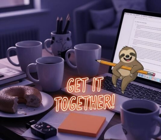 The Psychology of Productivity: Why You Procrastinat A high-resolution photo of a chaotic desk with coffee mugs,