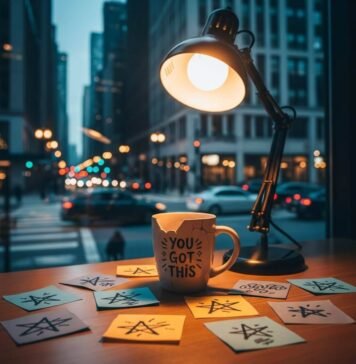 How to Create a Distraction-Free Work Environment Desk with "You Got This" mug, glowing lamp, and chaotic Chicago street.