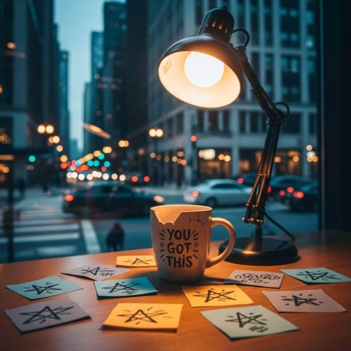 Desk with "You Got This" mug, glowing lamp, and chaotic Chicago street.