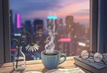 What to Expect in Your First Life Coaching Session? Cozy desk, coffee, notebook, city view.