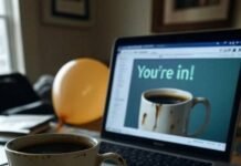 How Ordinary People Achieved Extraordinary Success Cluttered desk with coffee mug, laptop, deflated balloon.