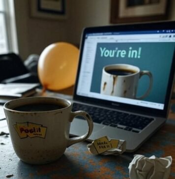 How Ordinary People Achieved Extraordinary Success Cluttered desk with coffee mug, laptop, deflated balloon.