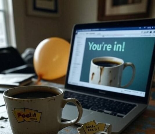 How Ordinary People Achieved Extraordinary Success Cluttered desk with coffee mug, laptop, deflated balloon.