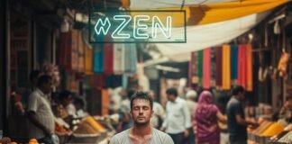 The Surprising Mental Health Benefits of Daily Mindfulness Man meditating in a hectic Indian market.