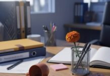 Stress Management Tips: My Chaotic Guide for Busy Professionals Messy Mumbai desk with chai, phone, marigold.