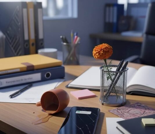 Stress Management Tips: My Chaotic Guide for Busy Professionals Messy Mumbai desk with chai, phone, marigold.