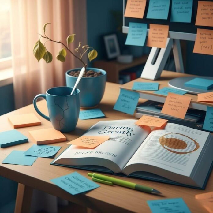 A coffee-stained copy of "Daring Greatly" by Brené Brown