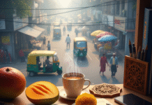 Why Mindfulness is the Missing Link to a Happier Life Cluttered desk with chai and mango, street view.