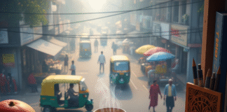 Why Mindfulness is the Missing Link to a Happier Life Cluttered desk with chai and mango, street view.