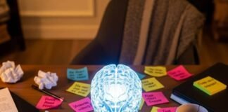 The Science Behind Why Positive Thinking Improves Health A messy desk with a glowing brain model, a half-eaten donut