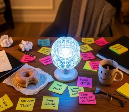 The Science Behind Why Positive Thinking Improves Health A messy desk with a glowing brain model, a half-eaten donut