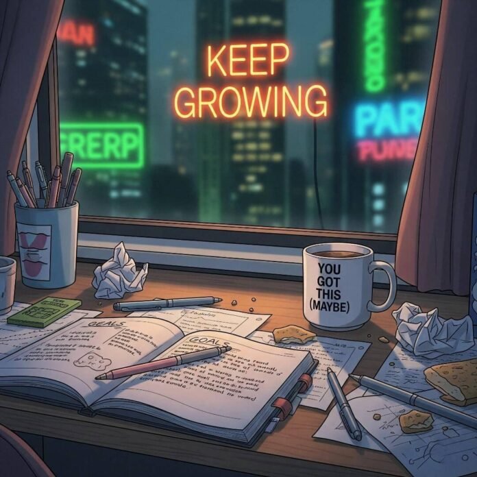 A cozy Brooklyn apartment desk with a journal, coffee mug, and neon cityscape.