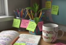 How to Teach Yourself (and Others) a Growth Mindset A cluttered desk with a notebook, a "Mistakes = Progress
