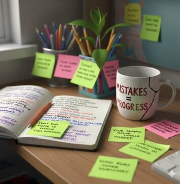 How to Teach Yourself (and Others) a Growth Mindset A cluttered desk with a notebook, a "Mistakes = Progress